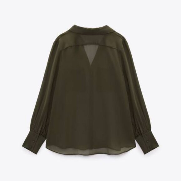ZARA Sheer Olive Green Long Sleeve Blouse - Picture 4 of 8